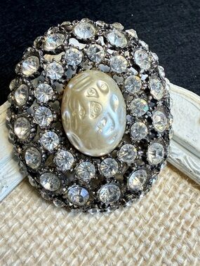 Vintage Large Rhinestone Brooch Faux Baroque Pearl Brutalist Domed Silver Tone